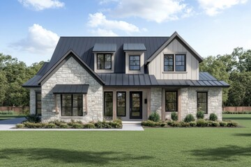 Fototapeta premium Modern stone house design showcasing elegant architecture and spacious front yard in a serene suburban setting under a clear blue sky