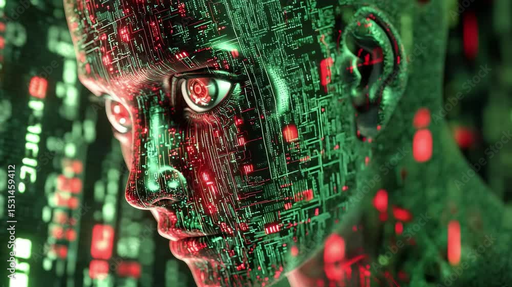 Aufkleber digital data processing connects networks and reveals human-like features in vibrant colors, digital