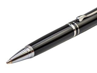 A close up shot of a black and silver pen with a black background showing the pen tip detail