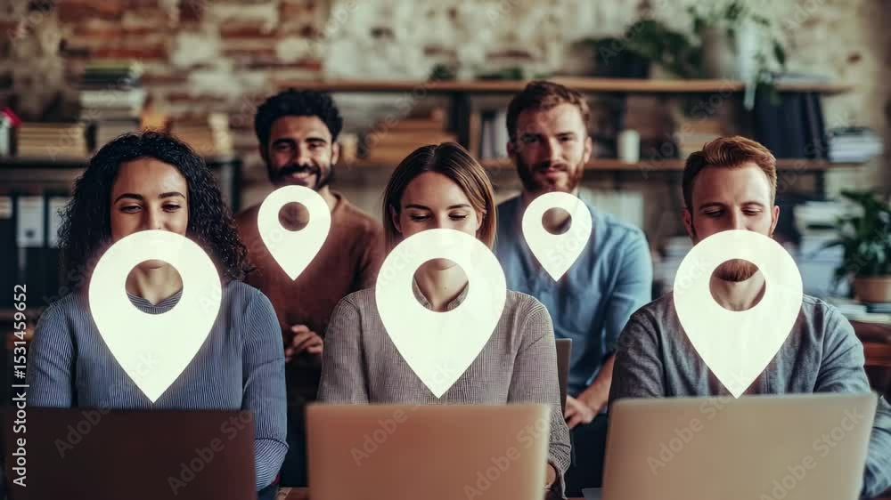 Poster digital location pins guide diverse professionals in a collaborative workspace setting, digital loca