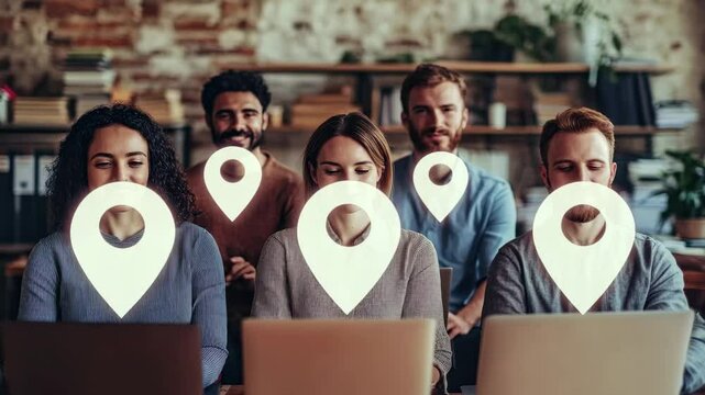 Digital location pins guide diverse professionals in a collaborative workspace setting, digital location pin icons over diverse business people in office