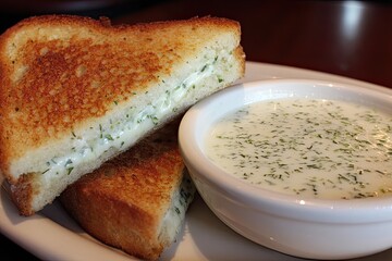 Grilled cheese sandwich with dill sauce. Two halves of a toasted sandwich, with melted cheese and herbs, sit atop a plate alongside a small bowl of creamy dill sauce