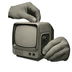 Hands Adjusting Vintage Television on Transparent Background