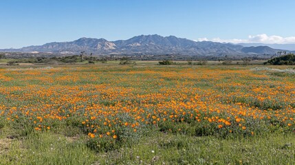 Orange Wildflower Field with Mountain Background