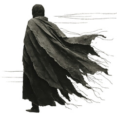 Hooded figure stands with a flowing, tattered cloak on a transparent background