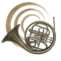 Surrealistic collage featuring a French horn with a spiral on a transparent background