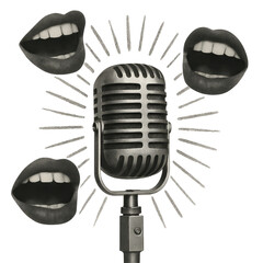 Vintage microphone surrounded by surreal floating lips on a transparent background