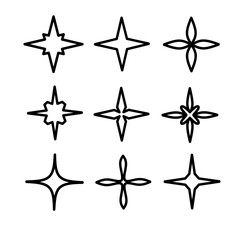 Collection of Nine Simple Starburst and Flower Shape Line Art Illustrations