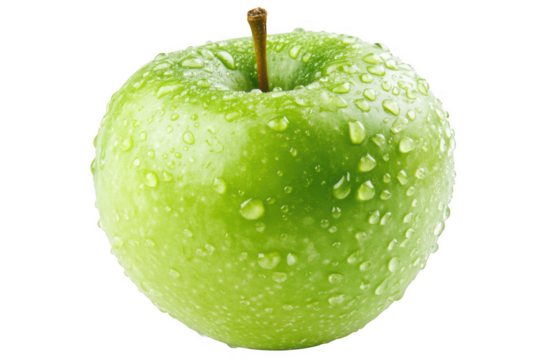 Juicy green apple with water droplets isolated on transparent background