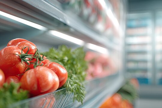 Close-up of fresh tomatoes in a refrigerated produce display
