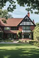 Obraz premium An exquisite red brick home, surrounded by a vibrant and lush garden, is nestled in a peaceful neighborhood beneath a bright, clear blue sky at noon