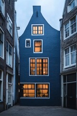 Obraz premium Charming blue house with illuminated windows in a narrow Amsterdam alleyway during twilight showcasing the unique architecture