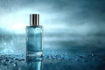 Perfume bottle in rain, cool tones