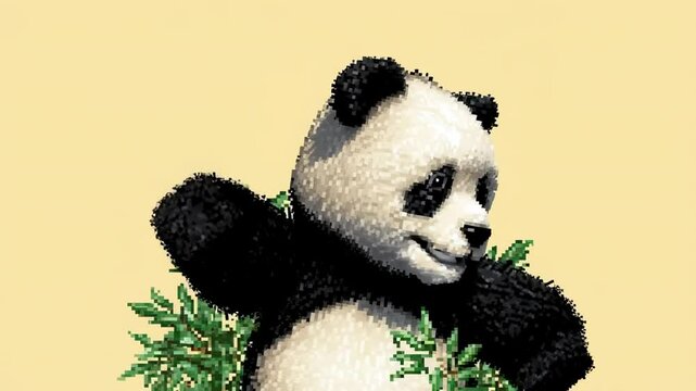 Cheerful panda dancing with green leaves on beige background in playful cartoon pixel art style