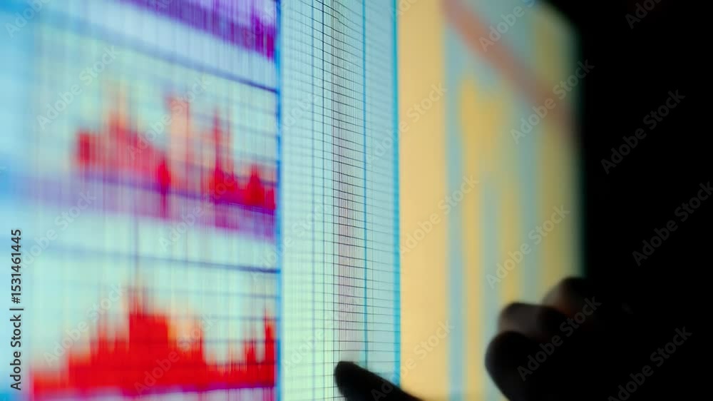 Poster monitoring data trends on a computer screen in a dark environment late at night, person monitors the