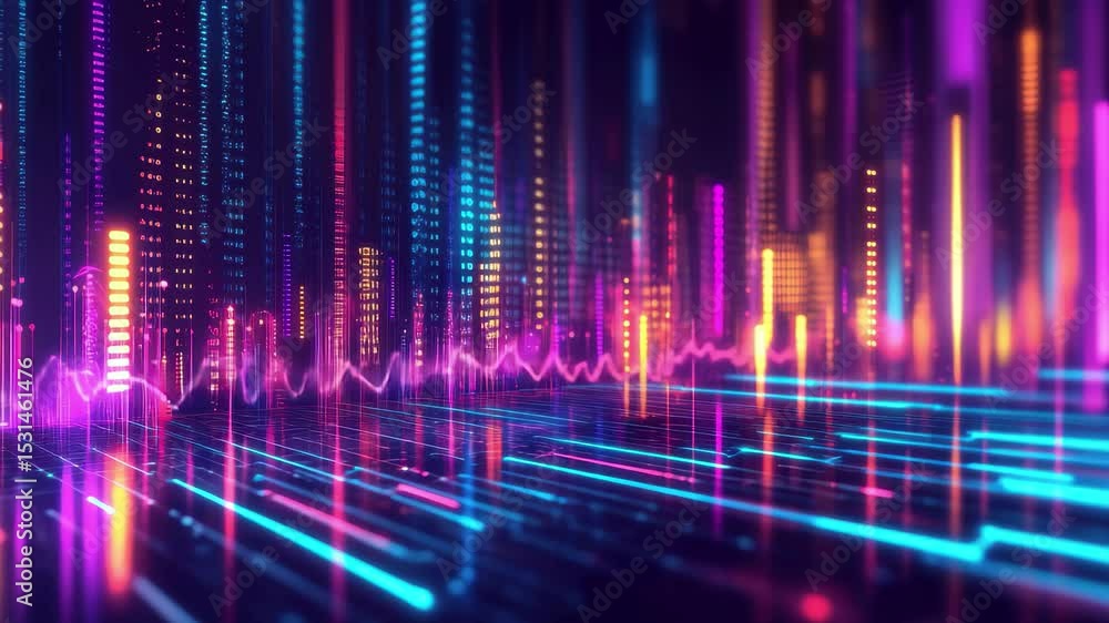 Poster Neon waveform abstract pattern creating a seamless digital landscape with vibrant colors and futuristic design, 4K Abstract Digital Neon Waveform Seamless