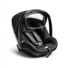 Modern black infant car seat with safety harness and protective frame, designed for secure and comfortable travel for babies.