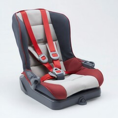 A modern child car seat with red and gray cushions and adjustable safety harness straps, designed for comfort and protection during car travel.