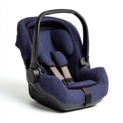 Infant car seat with cushioned fabric, adjustable straps, and a sturdy carrying handle, designed for baby safety and comfort during travel.