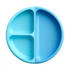 A round, blue plastic food tray with three compartments: two smaller ones on the left and one large on the right.