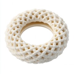 White, intricately patterned ring-shaped object with a lattice design, resembling a woven or braided structure.