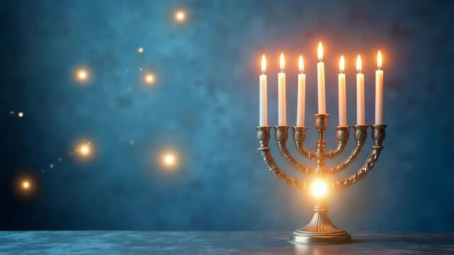Traditional menorah with lit candles against a blue background  