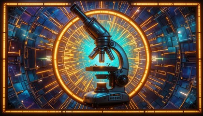 Obraz premium A futuristic, glowing microscope centered against a vibrant, circular digital background symbolizing advanced scientific research and technology.