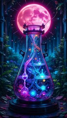 A glowing, futuristic potion bottle with intricate tubes and glowing liquid sits in a mystical forest under a large, luminous pink moon.