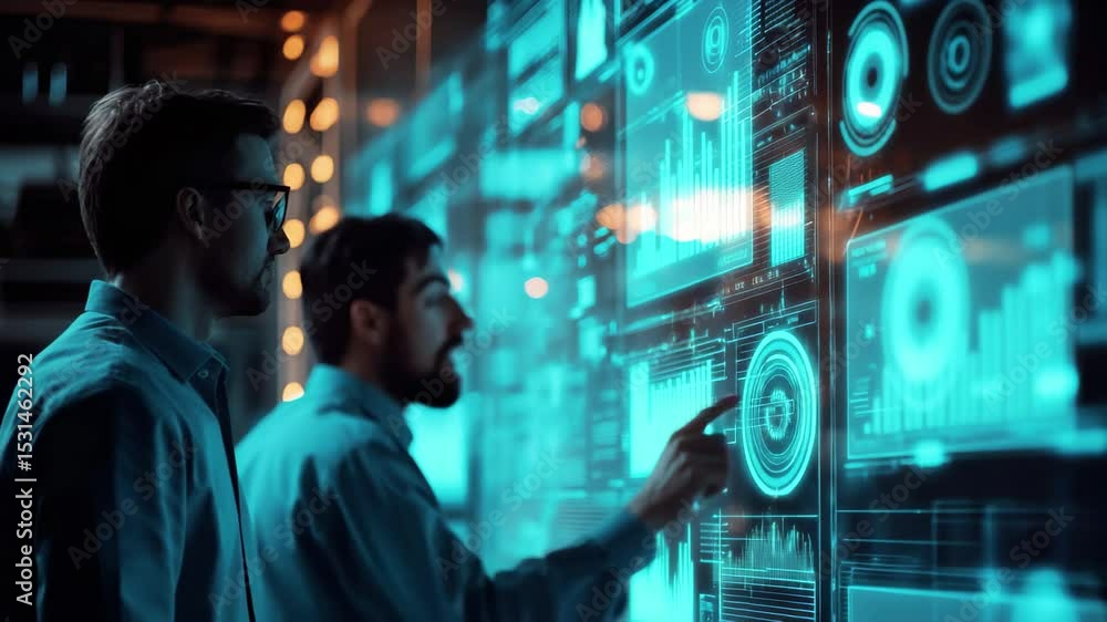 Poster colleagues analyze data trends and visualizations in a modern workspace at night, data processing an