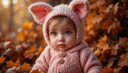 A toddler with big blue eyes wears a knitted pink outfit with bear ears, surrounded by autumn leaves in warm, soft lighting.
