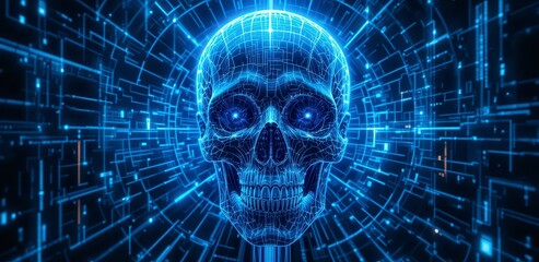 Digital blue skull composed of glowing circuitry and data lines, symbolizing technology, AI, and cyber concepts.