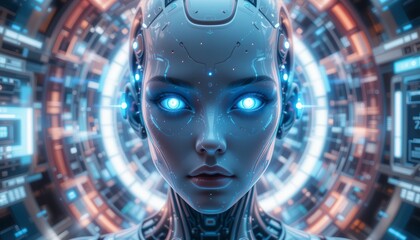 A futuristic humanoid robot with glowing blue eyes stands centered against a high-tech circular digital background.