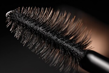 Close-up mascara brush, dark bristles coated in product