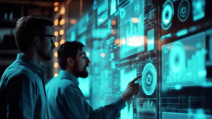 Colleagues analyze data trends and visualizations in a modern workspace at night, data processing and diagrams over diverse colleagues discussing work - Powered by Adobe