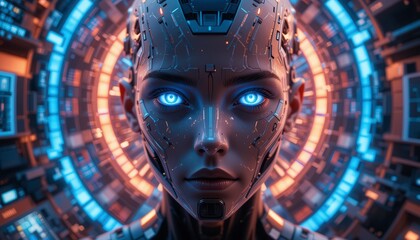 Futuristic humanoid robot with glowing blue eyes and intricate circuitry, set against a vibrant digital background.