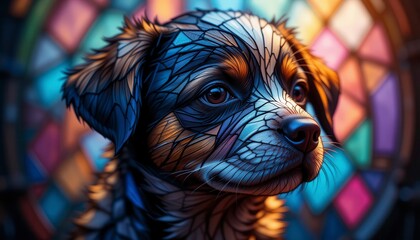 A vibrant digital stained-glass artwork of a puppy with intricate, colorful facets and expressive eyes against a blurred, multicolored background.