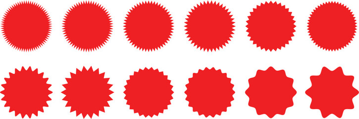 Starburst badge sticker, for sale, discount, promo offer, perfect for price tag. Scalloped and zigzag circle label, spiky oval shapes, star shapes, sunburst or starburst icon collection.