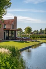 Obraz premium Modern house by a tranquil lake surrounded by lush greenery in the afternoon sun with minimalist design and spacious outdoor area for relaxation