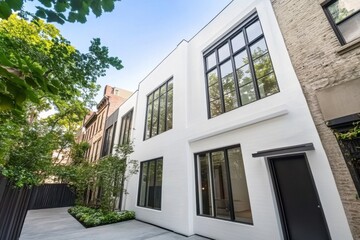 Obraz premium In the heart of the bustling city, a peaceful urban courtyard showcases the harmonious fusion of modern architecture and the beauty of nature, inviting serenity during the daytime