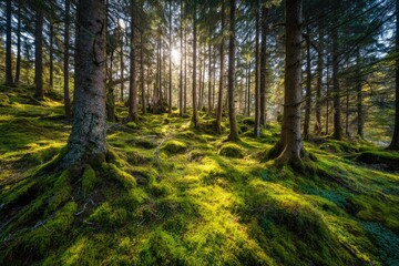 Fototapeta premium Sunlight streams through a dense mossy forest