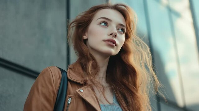 Young woman walks confidently near modern architecture in daytime, Attractive young woman walking near an architectural building in Paris