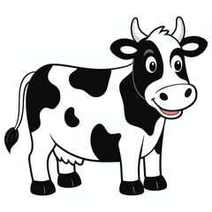 A black and white cartoon cow happily stands against a plain background in this simple vector