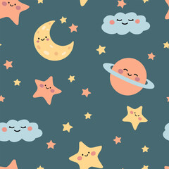 Cute seamless pattern with crescent moons, stars, clouds and planets for kids. Space background. Vector illustration.