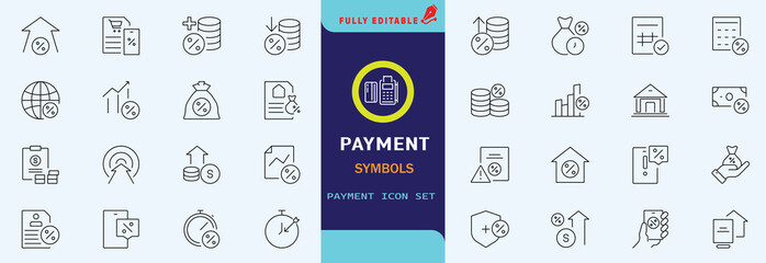 Credit, Loans and Mortgages web icons in outline style. Credit card, deposit, car leasing, rate interest, calculator, income, rating, collection. Editable stroke outline icon