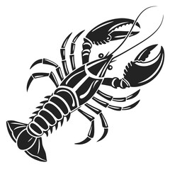 A bold black crustacean sea creature features detailed claw and body segments against white