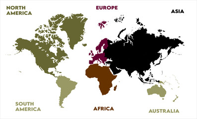 Naklejka premium New modern world map, with names, Europe, Africa, Asia, Australia, North America, and South America world map graphic, Countries Silhouettes Stock Illustrations, Vectors