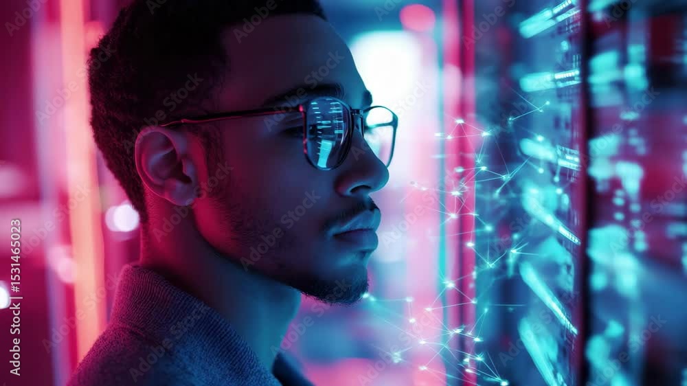 Poster biracial male engaged in data processing and analyzing technology in a modern workspace environment,