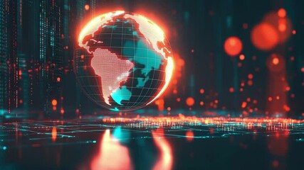 Digital globe with data processing in a glowing environment showcasing global connectivity, globe and digital data processing over glowing spots on dark background - Powered by Adobe