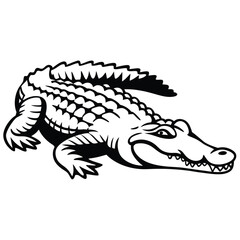 A bold crocodile with a toothy grin is outlined in black and white