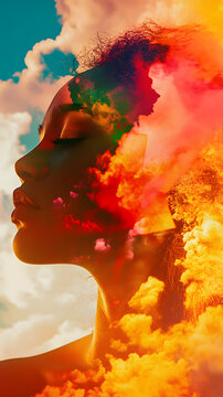 profile emerges through fiery clouds and golden ligh